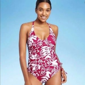 Kona Sol Women's One Piece Swimsuit White Pink Floral Ruched Racerback
